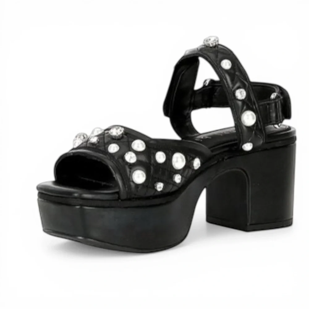 Gianni Bini Zoeyy Platform Sandals 7.5 Black Pearl Rhinestone Quilted Toe W